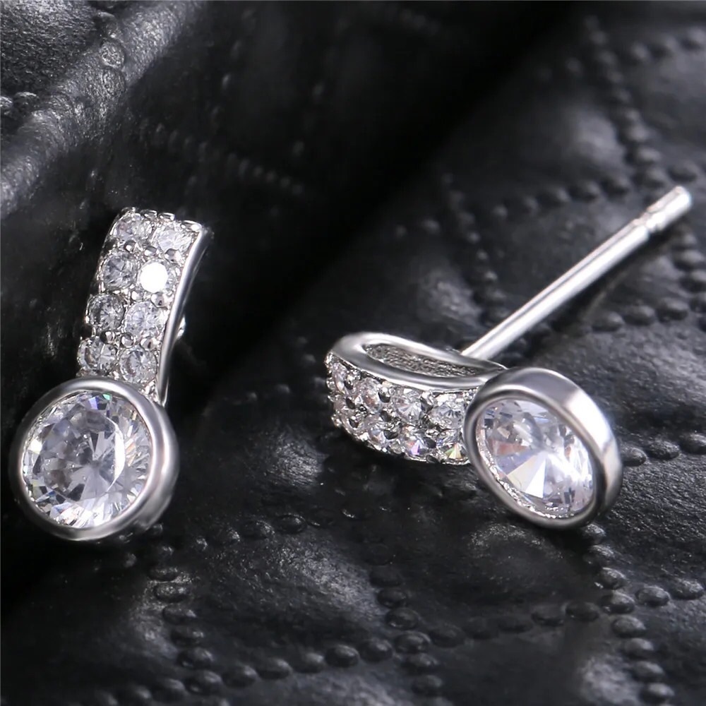 New Trendy Super Shiny Silver Double Row Zircon Charming Stud Earrings